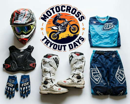 Motocross gear including helmet, boots, gloves, and pants with our Motocross Tryout Days.